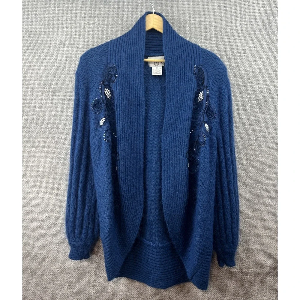 Cervelle Women's Med Blue Mohair‎ Wool Blend Beaded Floral Embroidery Cardigan